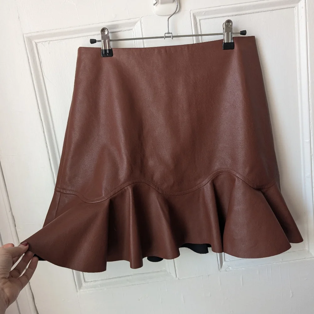 Rebecca Taylor Brown Vegan Leather Mini Flutter Skirt - Size 6